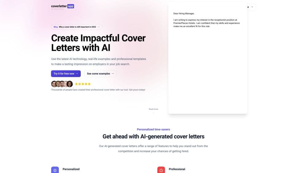 AI Cover Letters, Examples & Templates | coverletter.app